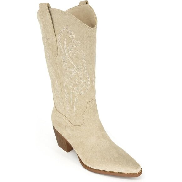 Women Faux Leather Beige-calf High Embroidered Pointed Toe Block Heel Boots - Picture 8 of 8